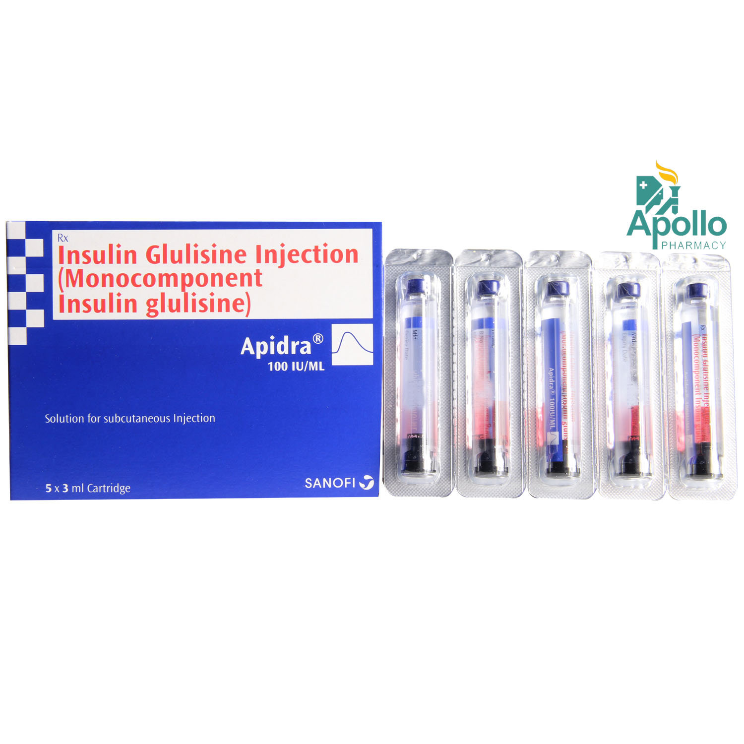 Apidra 100IU Cartridge 3 ml, Pack of 5 InjectionS Apidra 100IU Cartridge 3 ml, Pack of 5 InjectionS
