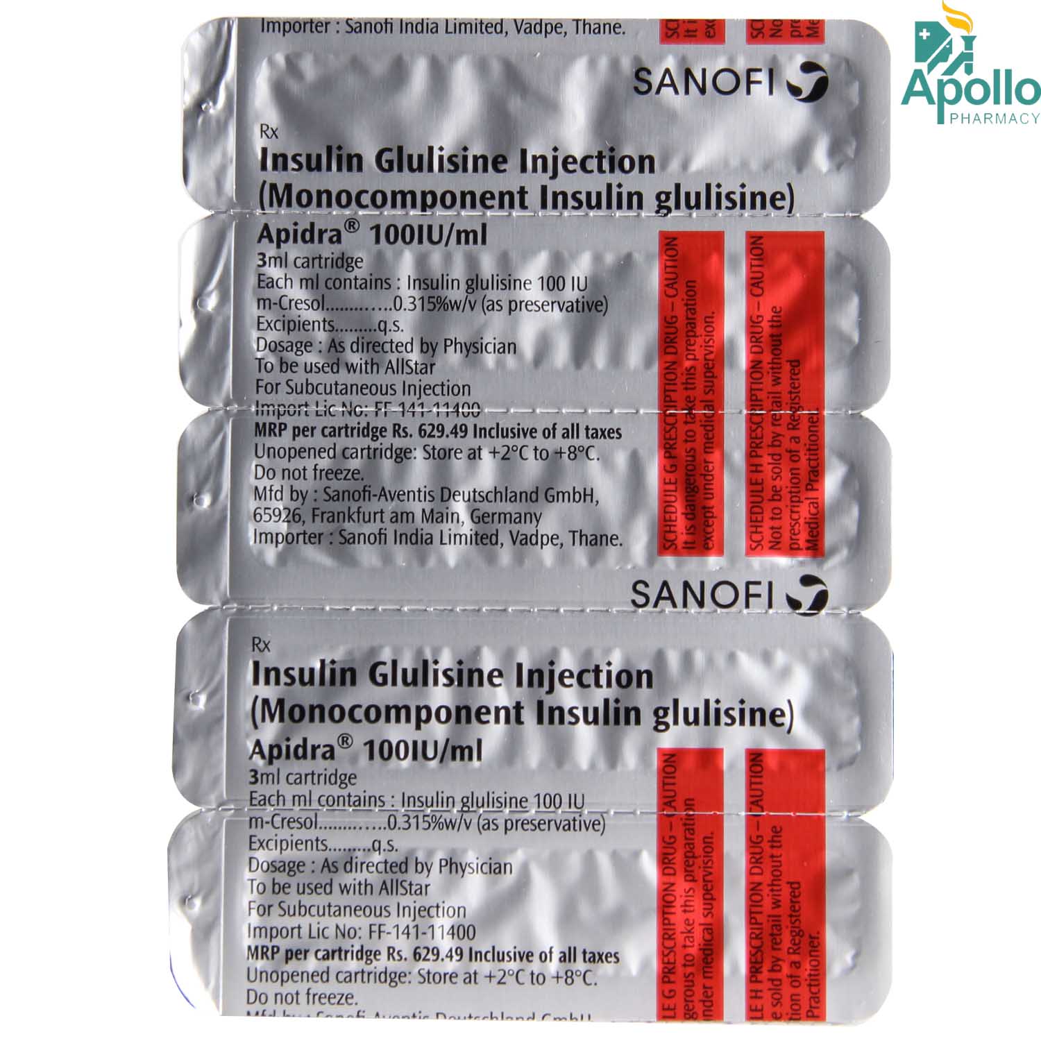Apidra 100IU Cartridge 3 ml, Pack of 5 InjectionS Apidra 100IU Cartridge 3 ml, Pack of 5 InjectionS