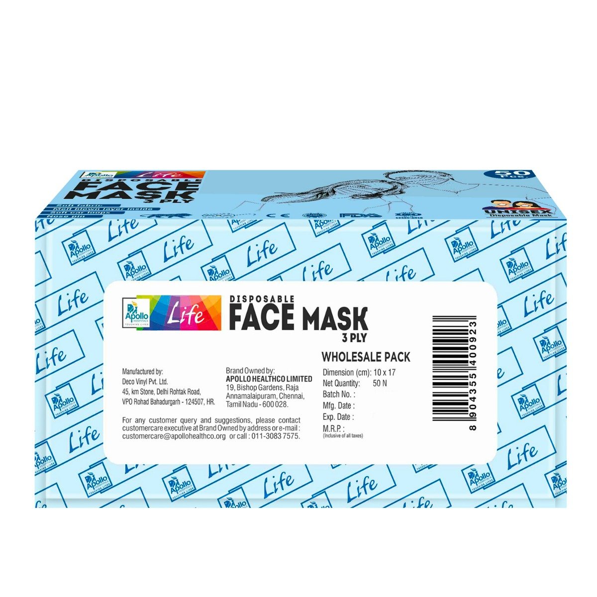 Apollo Life 3 Ply Disposable Face Mask, 50 Count, Pack of 50 Apollo Life 3 Ply Disposable Face Mask, 50 Count, Pack of 50