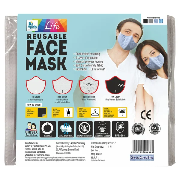 Apollo Life Reusable 4Ply Oxford Blue Face Mask, 2 Count, Pack of 2