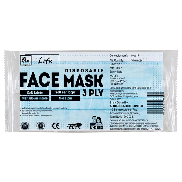 Apollo Life Disposable Face Mask 3Ply, 5 Count, Pack of 1