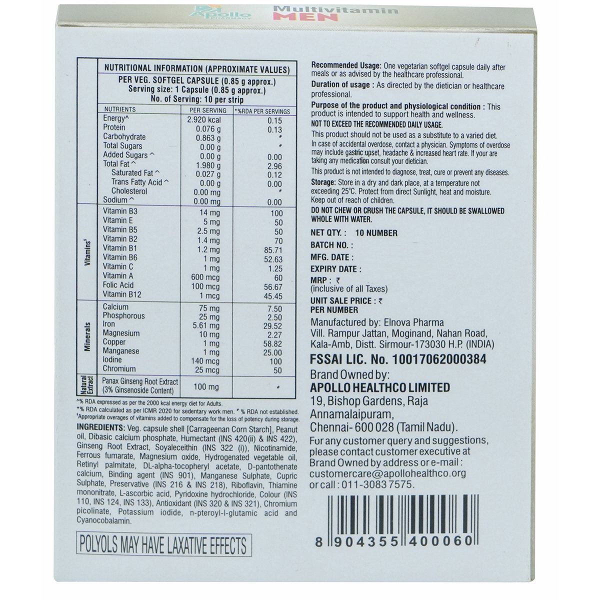 Apollo Pharmacy Multivitamin for Men, 10 Capsules, Pack of 10 Apollo Pharmacy Multivitamin for Men, 10 Capsules, Pack of 10