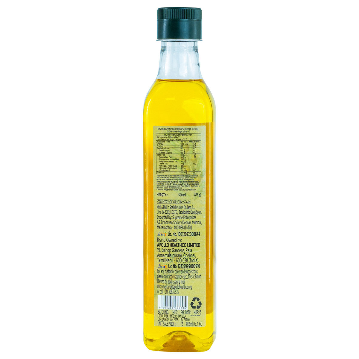 Apollo Life Olive Oil, 500 ml, Pack of 1 Apollo Life Olive Oil, 500 ml, Pack of 1