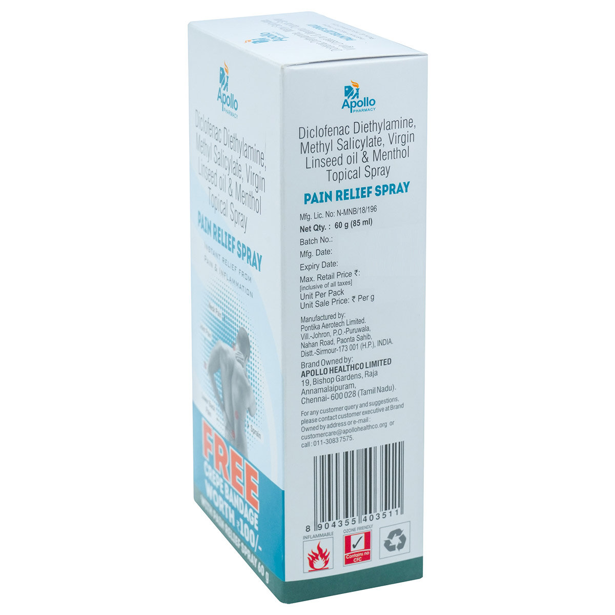 Apollo Pharmacy Pain Relief Spray with Free Crepe Bandage, 60 gm, Pack of 1 Apollo Pharmacy Pain Relief Spray with Free Crepe Bandage, 60 gm, Pack of 1