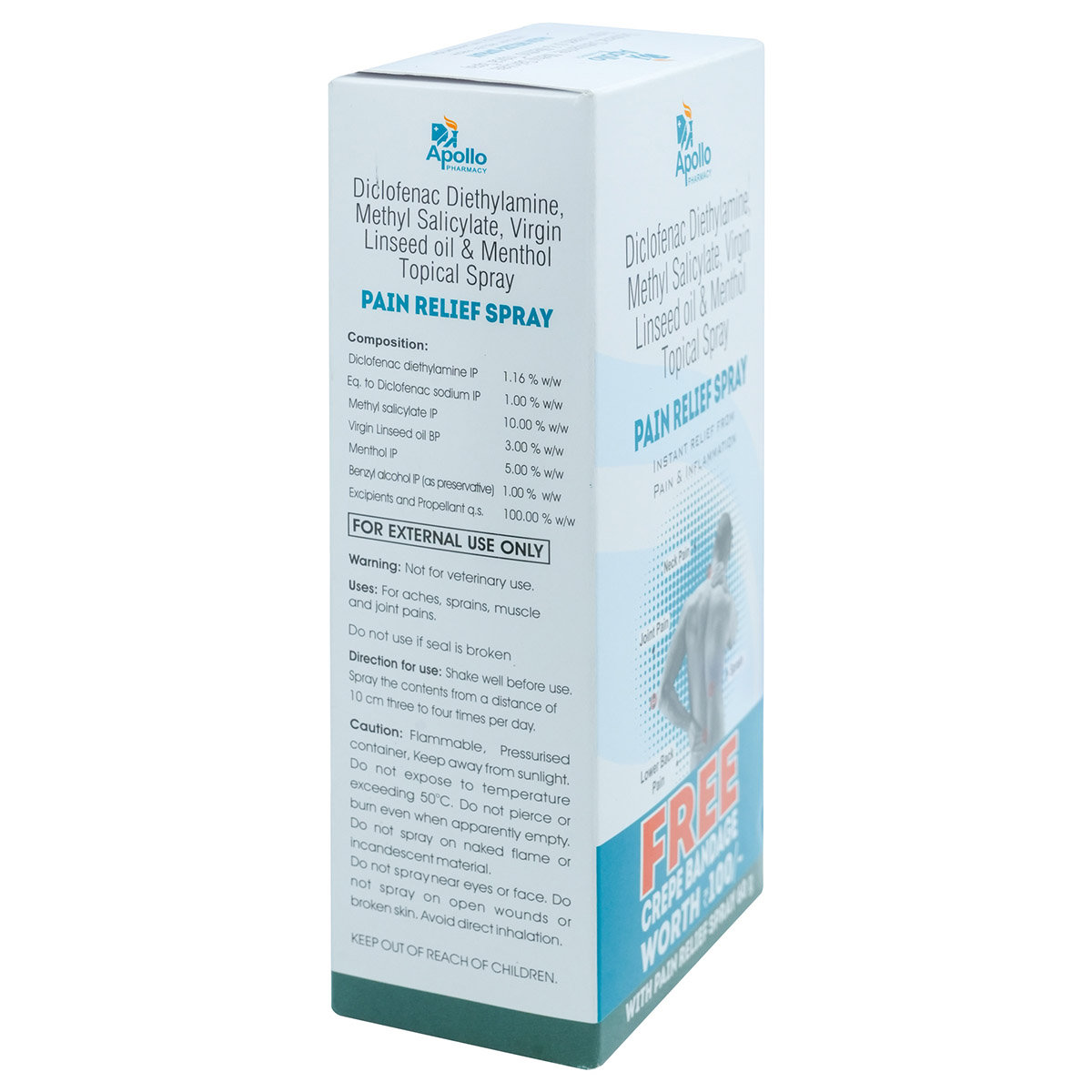 Apollo Pharmacy Pain Relief Spray with Free Crepe Bandage, 60 gm, Pack of 1 Apollo Pharmacy Pain Relief Spray with Free Crepe Bandage, 60 gm, Pack of 1