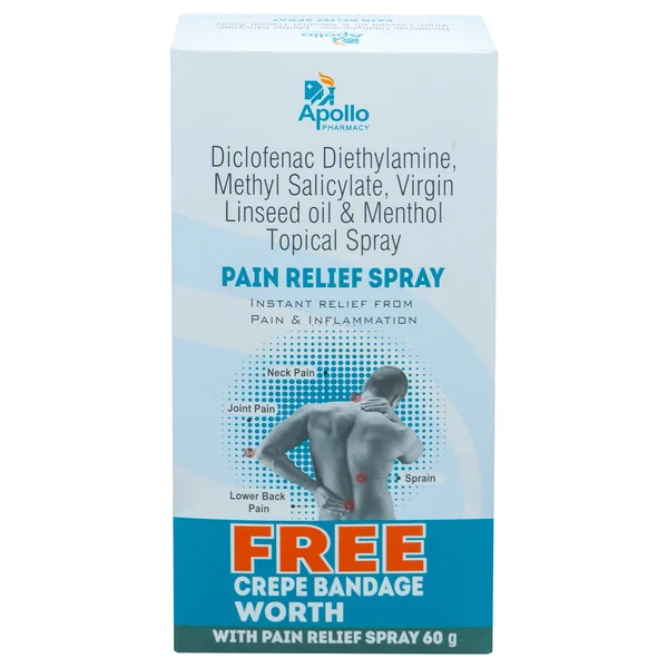 Apollo Pharmacy Pain Relief Spray with Free Crepe Bandage, 60 gm, Pack of 1