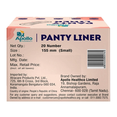 Apollo Pharmacy Panty Liner Small 155mm, 20 Count, Pack of 1