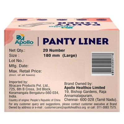 Apollo Pharmacy Panty Liner Large 180mm, 20 Count, Pack of 1