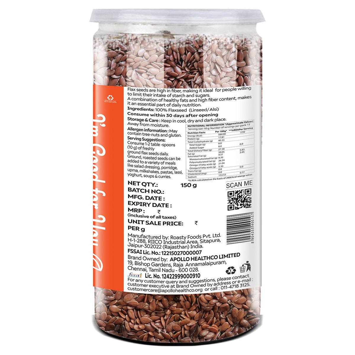 Apollo Life Roasted Flaxseed Whole Grain, 150 gm, Pack of 1 Apollo Life Roasted Flaxseed Whole Grain, 150 gm, Pack of 1