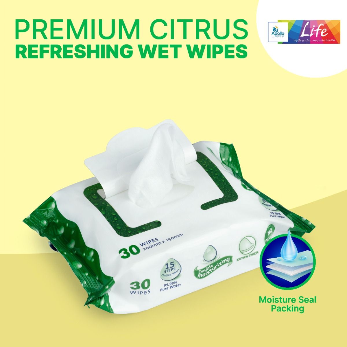 Apollo Life Premium Citrus Refreshing Wet Wipes, 60 Count (2x30 Wipes), Pack of 2 S