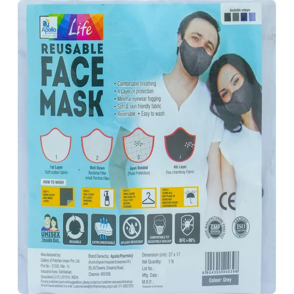 Apollo Life Reusable 4ply Grey Face Mask, 1 Count, Pack of 1