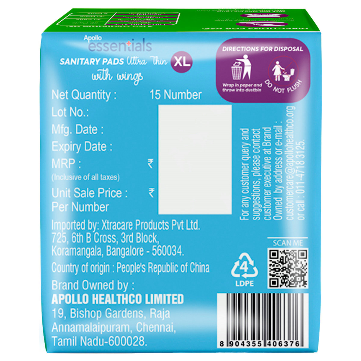 Apollo Pharmacy Ultrathin Sanitary Pads XL with Wings, 15 Count, Pack of 1 Apollo Pharmacy Ultrathin Sanitary Pads XL with Wings, 15 Count, Pack of 1
