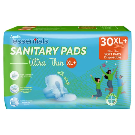 Apollo Pharmacy Ultrathin Sanitary Pads XL+ with Wings, 30 Count
