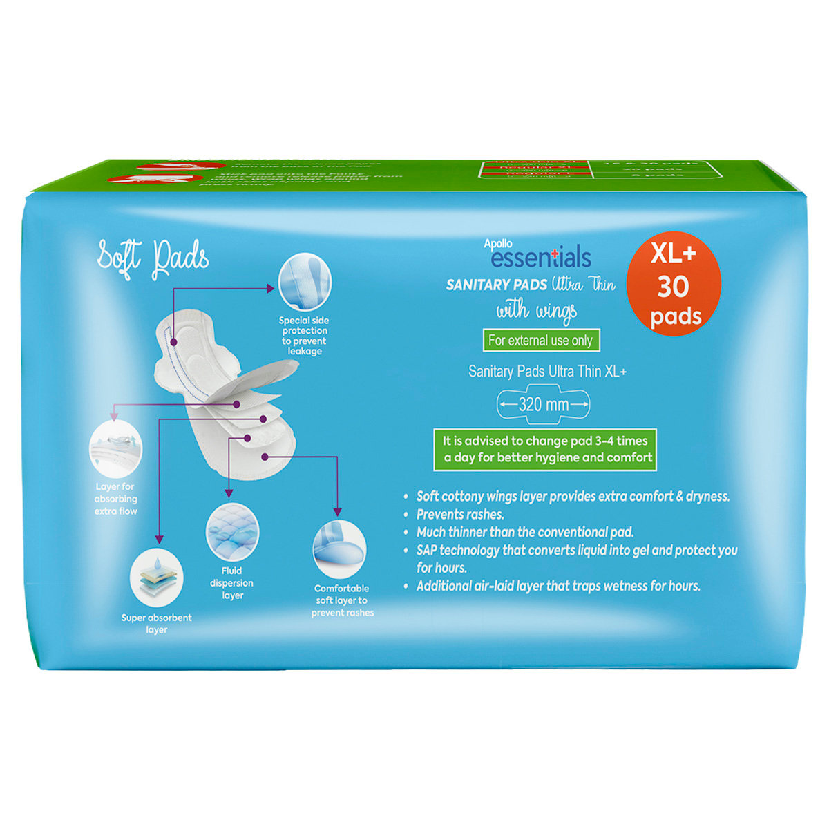 Apollo Pharmacy Ultrathin Sanitary Pads XL+ with Wings, 30 Count, Pack of 1 Apollo Pharmacy Ultrathin Sanitary Pads XL+ with Wings, 30 Count, Pack of 1