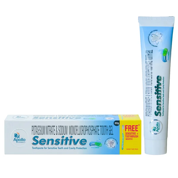 Apollo Pharmacy Sensitive Toothpaste 80 gm with one Free Sensitive Toothbrush, 1 kit, Pack of 1