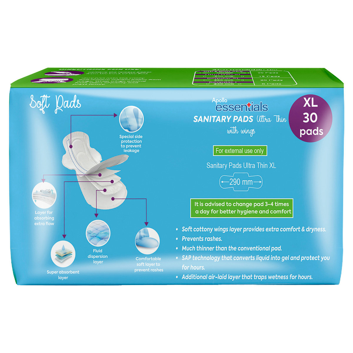 Apollo Pharmacy Ultrathin Sanitary Pads XL with Wings, 30 Count, Pack of 1 Apollo Pharmacy Ultrathin Sanitary Pads XL with Wings, 30 Count, Pack of 1