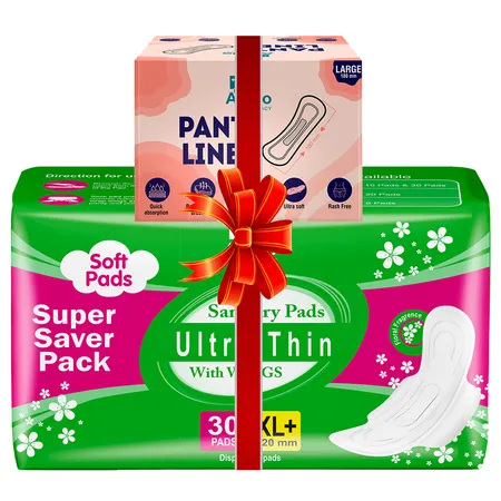Apollo Pharmacy Sanitary Pads Ultrathin 320mm XL+ 30 Count + Apollo Pharmacy Panty Liners 180mm Large 20 Count, Combo Pack