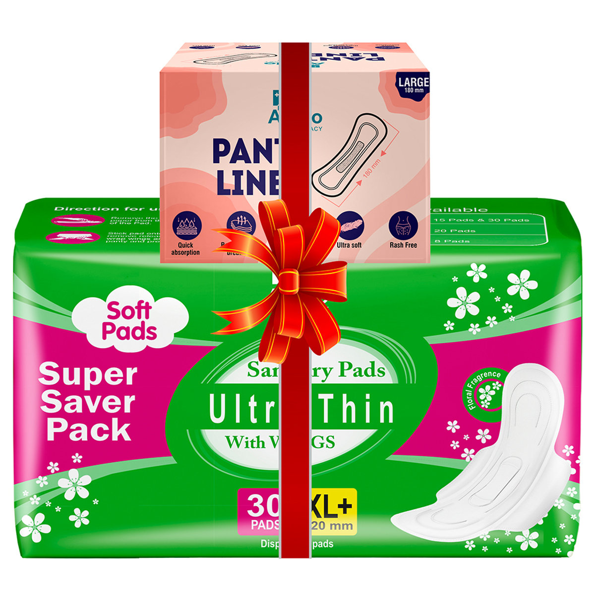 Apollo Pharmacy Sanitary Pads Ultrathin 320mm XL+ 30 Count + Apollo Pharmacy Panty Liners 180mm Large 20 Count, Combo Pack, Pack of 1 Apollo Pharmacy Sanitary Pads Ultrathin 320mm XL+ 30 Count + Apollo Pharmacy Panty Liners 180mm Large 20 Count, Combo Pack, Pack of 1