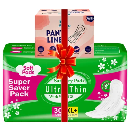 Apollo Pharmacy Sanitary Pads Ultrathin 320mm XL+ 30 Count + Apollo Pharmacy Panty Liners 180mm Large 20 Count, Combo Pack