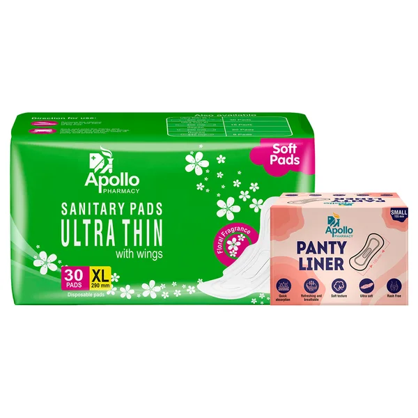 Apollo Pharmacy Ultrathin Sanitary Pads XL + Panty Liner Combo (30 Pads XL + 20 Panty Liner), Pack of 1
