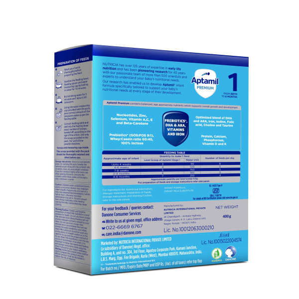 Aptamil Premium Infant Formula Stage 1 Powder, 400 gm Refill Pack, Pack of 1 Aptamil Premium Infant Formula Stage 1 Powder, 400 gm Refill Pack, Pack of 1