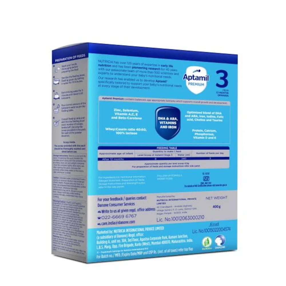 Aptamil Premium Follow-Up Formula Stage 3 Powder, 400 gm Refill Pack, Pack of 1 Aptamil Premium Follow-Up Formula Stage 3 Powder, 400 gm Refill Pack, Pack of 1