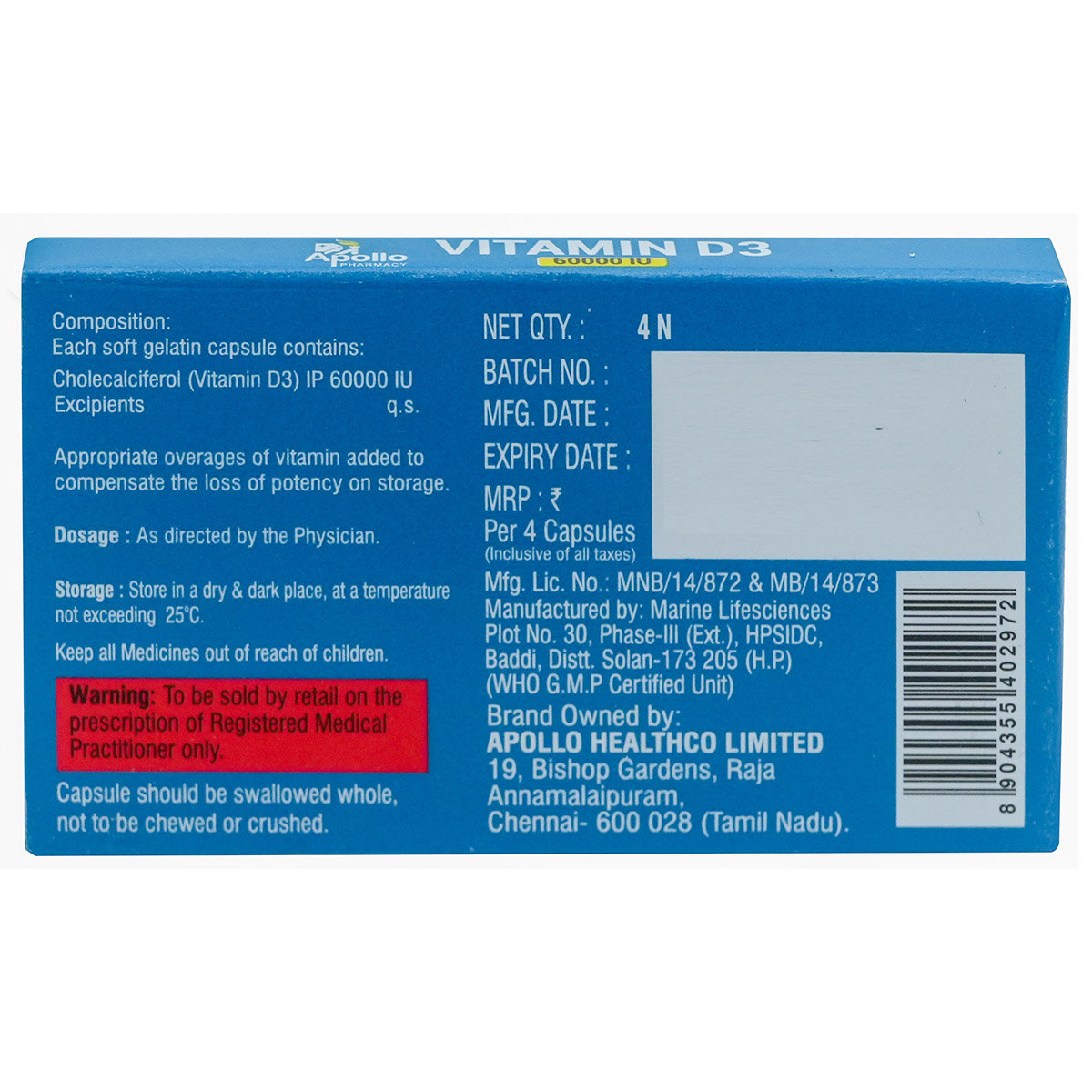 Apollo Pharmacy Vitamin D3 60000 IU, 4 Capsules, Pack of 4 Apollo Pharmacy Vitamin D3 60000 IU, 4 Capsules, Pack of 4