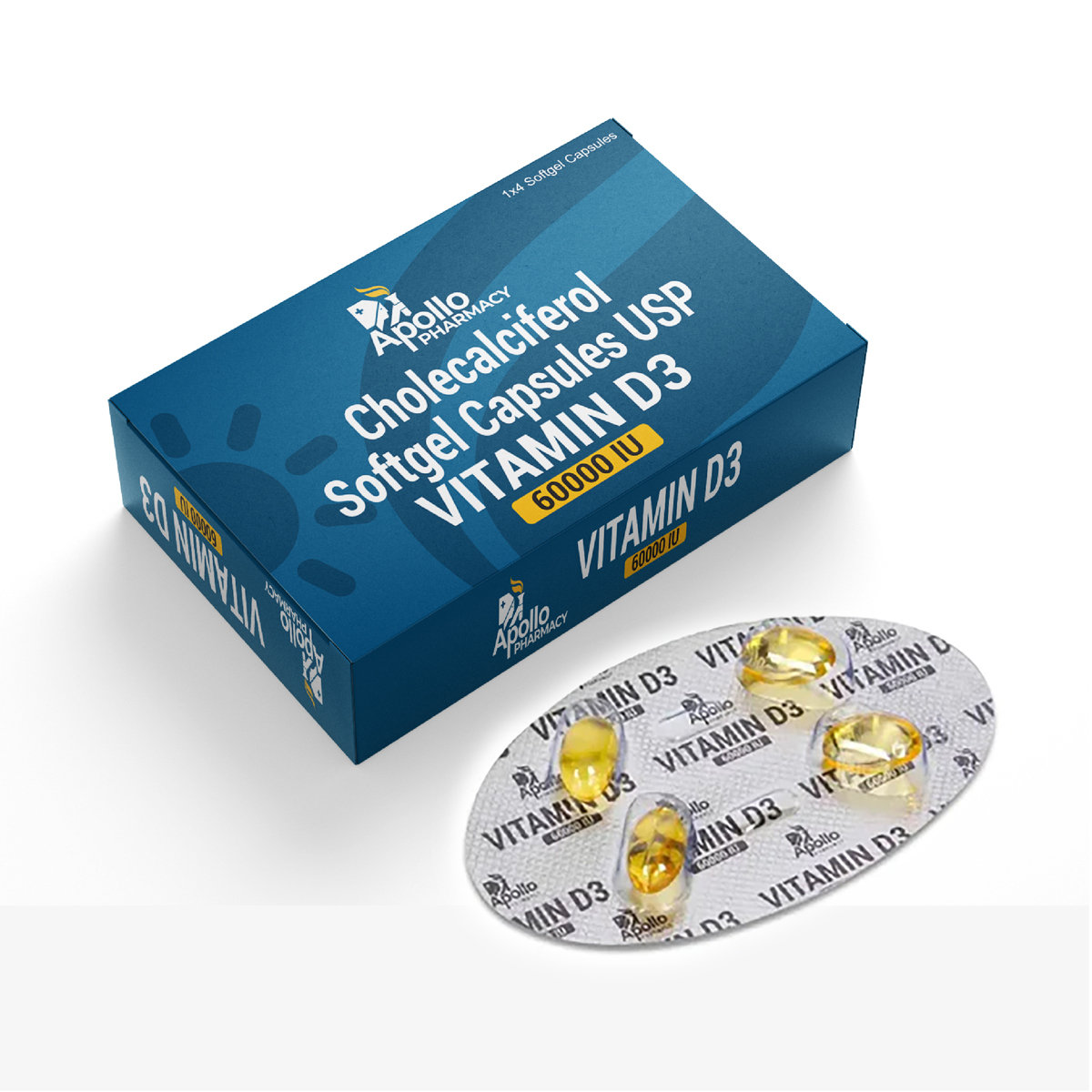 Apollo Pharmacy Vitamin D3 60000 IU, 4 Capsules Apollo Pharmacy Vitamin D3 60000 IU, 4 Capsules