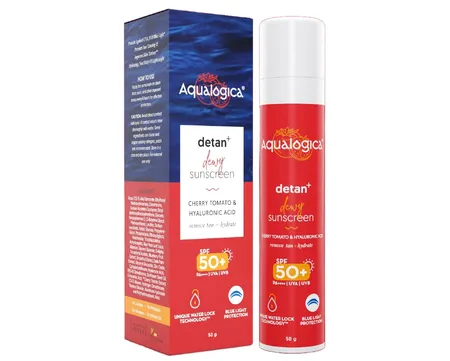 Aqualogica Detan+ Dewy Sunscreen With SPF 50+ & PA++++, 50 gm | UVA/B & Blue Light Protection | Tan Removal | For Normal, Sensitive & Dry Skin