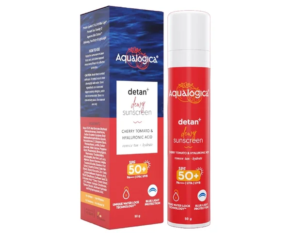 Aqualogica Detan+ Dewy Sunscreen 50 gm with SPF 50+ &amp; PA++++ | UVA/B &amp; Blue Light Protection | Tan Removal | For Normal, Sensitive &amp; Dry Skin, Pack of 1