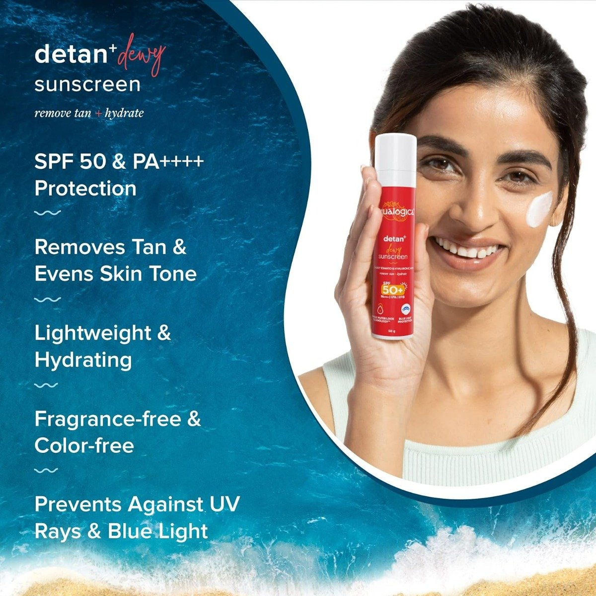 Aqualogica Detan+ Dewy Sunscreen 50 gm with SPF 50+ & PA++++ | UVA/B & Blue Light Protection | Tan Removal | For Normal, Sensitive & Dry Skin, Pack of 1 Aqualogica Detan+ Dewy Sunscreen 50 gm with SPF 50+ & PA++++ | UVA/B & Blue Light Protection | Tan Removal | For Normal, Sensitive & Dry Skin, Pack of 1