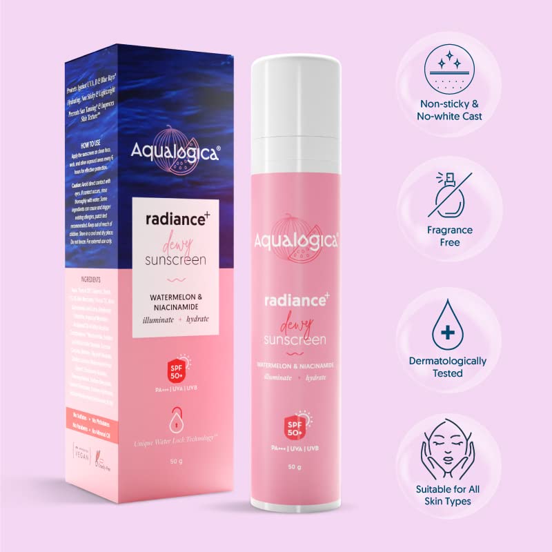 Aqualogica Radiance+ Dewy Sunscreen 50 gm with SPF 50 PA+++|UVA/B & Blue Light Protection|Watermelon & Niacinamide|for Radiant Skin - Deep Moisturization| For Oily, Combination & Dry Skin|Protects from UVA/B for Men & Women, Pack of 1 Aqualogica Radiance+ Dewy Sunscreen 50 gm with SPF 50 PA+++|UVA/B & Blue Light Protection|Watermelon & Niacinamide|for Radiant Skin - Deep Moisturization| For Oily, Combination & Dry Skin|Protects from UVA/B for Men & Women, Pack of 1
