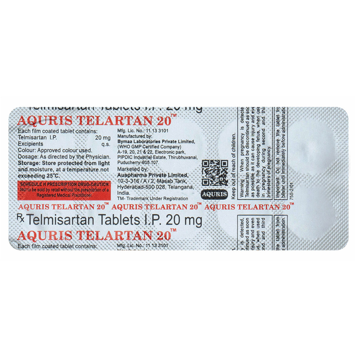 Aquris Telartan 20 mg Tablet 10's, Pack of 10 TabletS Aquris Telartan 20 mg Tablet 10's, Pack of 10 TabletS