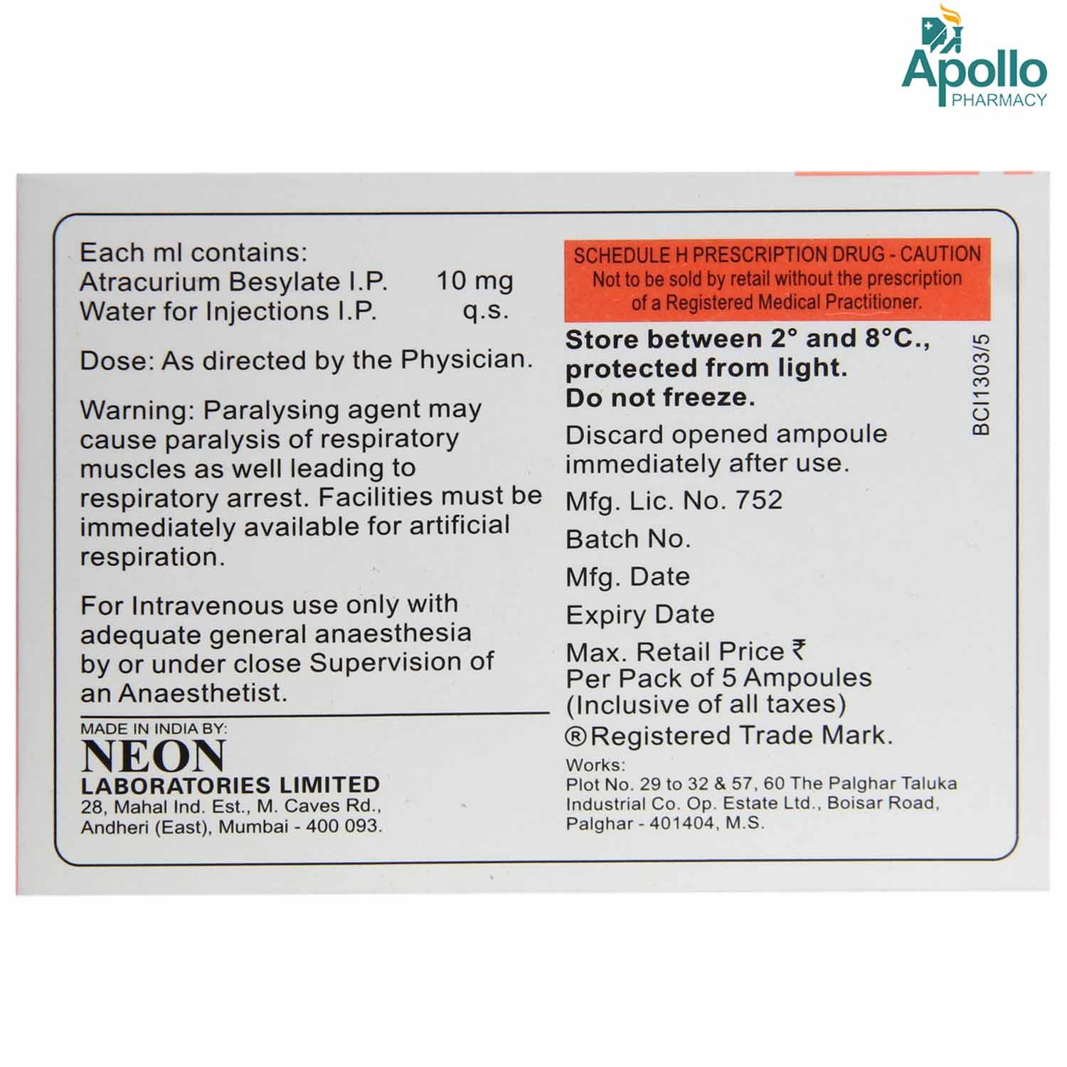 Artacil Injection Atracurium 2.5 ml, Pack of 1 Injection Artacil Injection Atracurium 2.5 ml, Pack of 1 Injection