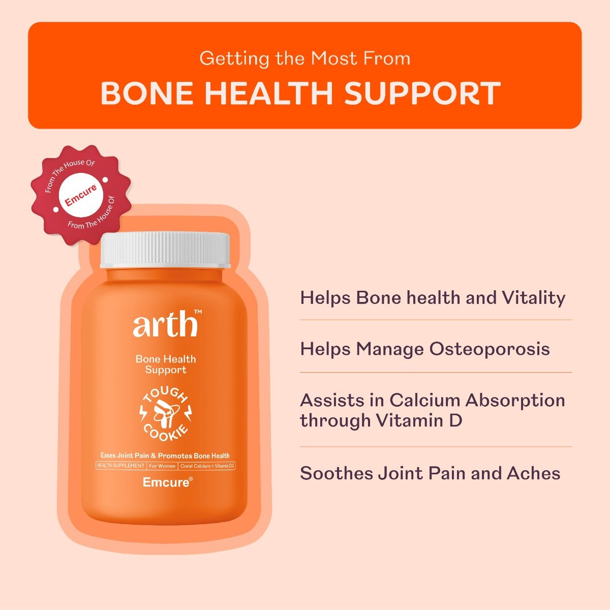 Arth Bone Health Support | Coral Calcium + Vit D3 | 60 Veg Tablets, Pack of 1 Arth Bone Health Support | Coral Calcium + Vit D3 | 60 Veg Tablets, Pack of 1