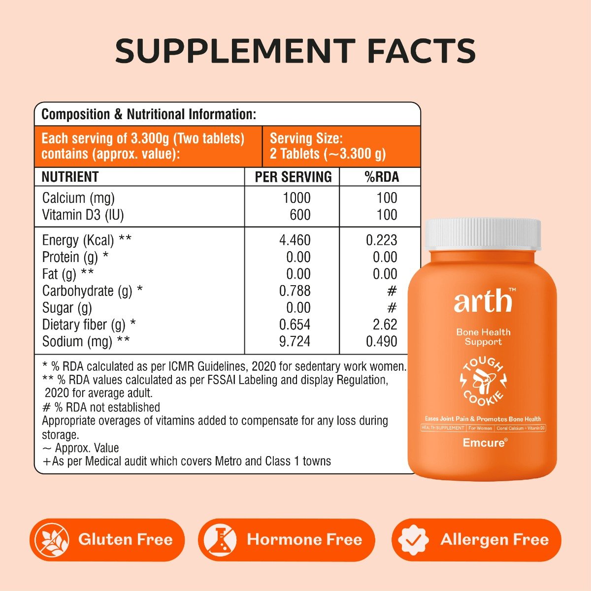 Arth Bone Health Support | Coral Calcium + Vit D3 | 60 Veg Tablets, Pack of 1 Arth Bone Health Support | Coral Calcium + Vit D3 | 60 Veg Tablets, Pack of 1