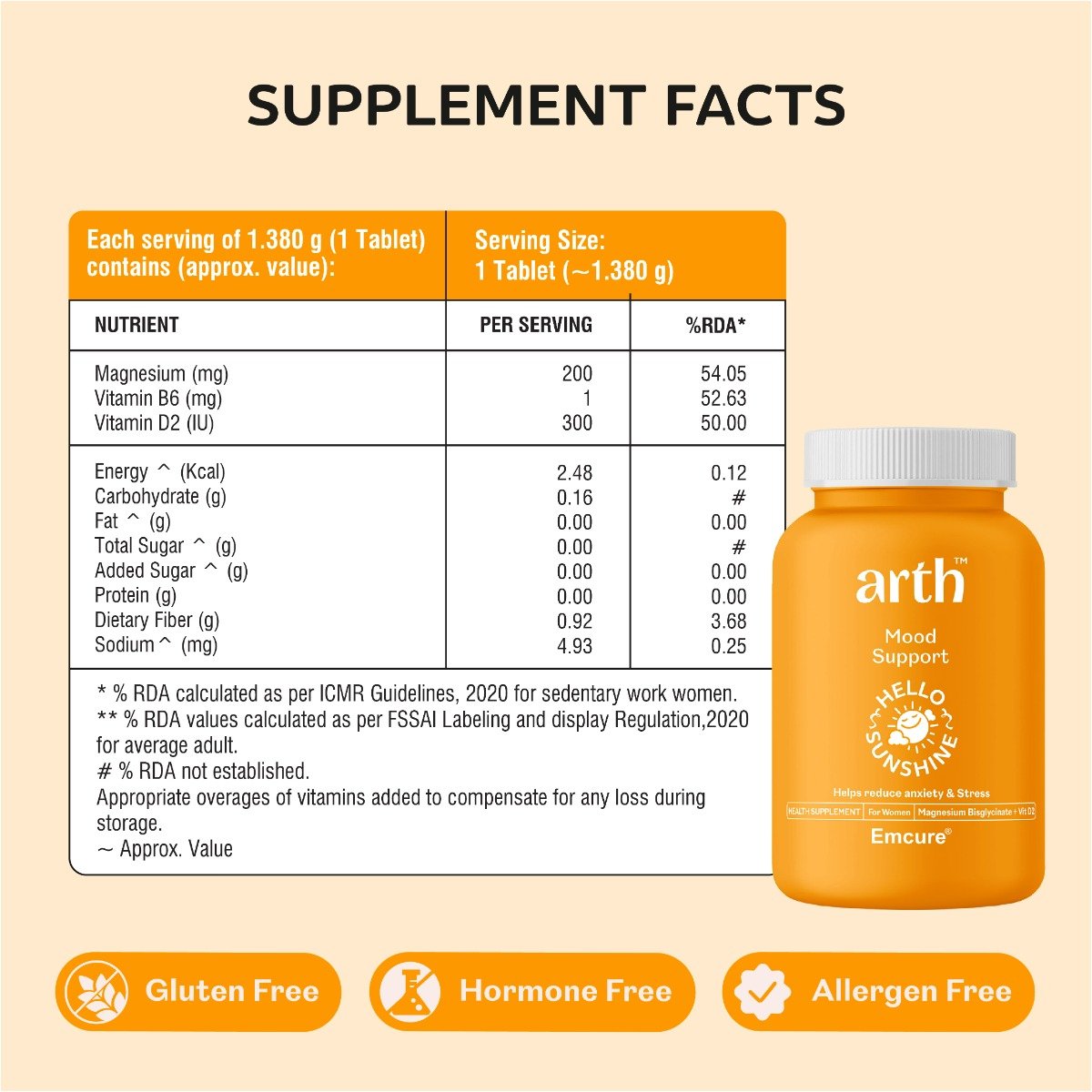 Arth Mood Support | With Magnesium Bisglycinate + Vit D2 | 30 Veg Tablets, Pack of 1 Arth Mood Support | With Magnesium Bisglycinate + Vit D2 | 30 Veg Tablets, Pack of 1