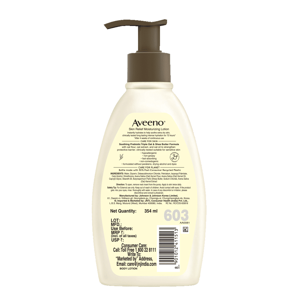 Aveeno Skin Relief Moisturizing Lotion 354 ml | Prebiotic Triple Oat & Shea Butter | Long lasting Hydration Upto 72 Hrs | Non Greasy Formula | For Dry & Sensitive Skin, Pack of 1 Aveeno Skin Relief Moisturizing Lotion 354 ml | Prebiotic Triple Oat & Shea Butter | Long lasting Hydration Upto 72 Hrs | Non Greasy Formula | For Dry & Sensitive Skin, Pack of 1