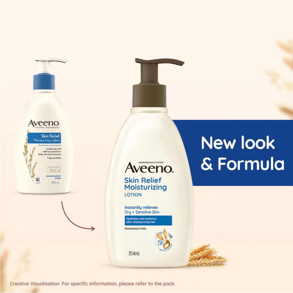 Aveeno Skin Relief Moisturizing Lotion 354 ml | Prebiotic Triple Oat & Shea Butter | Long lasting Hydration Upto 72 Hrs | Non Greasy Formula | For Dry & Sensitive Skin, Pack of 1 Aveeno Skin Relief Moisturizing Lotion 354 ml | Prebiotic Triple Oat & Shea Butter | Long lasting Hydration Upto 72 Hrs | Non Greasy Formula | For Dry & Sensitive Skin, Pack of 1