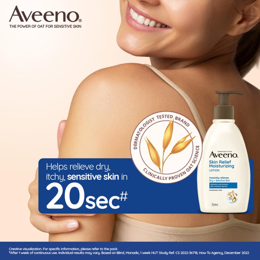 Aveeno Skin Relief Moisturizing Lotion 354 ml | Prebiotic Triple Oat & Shea Butter | Long lasting Hydration Upto 72 Hrs | Non Greasy Formula | For Dry & Sensitive Skin, Pack of 1 Aveeno Skin Relief Moisturizing Lotion 354 ml | Prebiotic Triple Oat & Shea Butter | Long lasting Hydration Upto 72 Hrs | Non Greasy Formula | For Dry & Sensitive Skin, Pack of 1