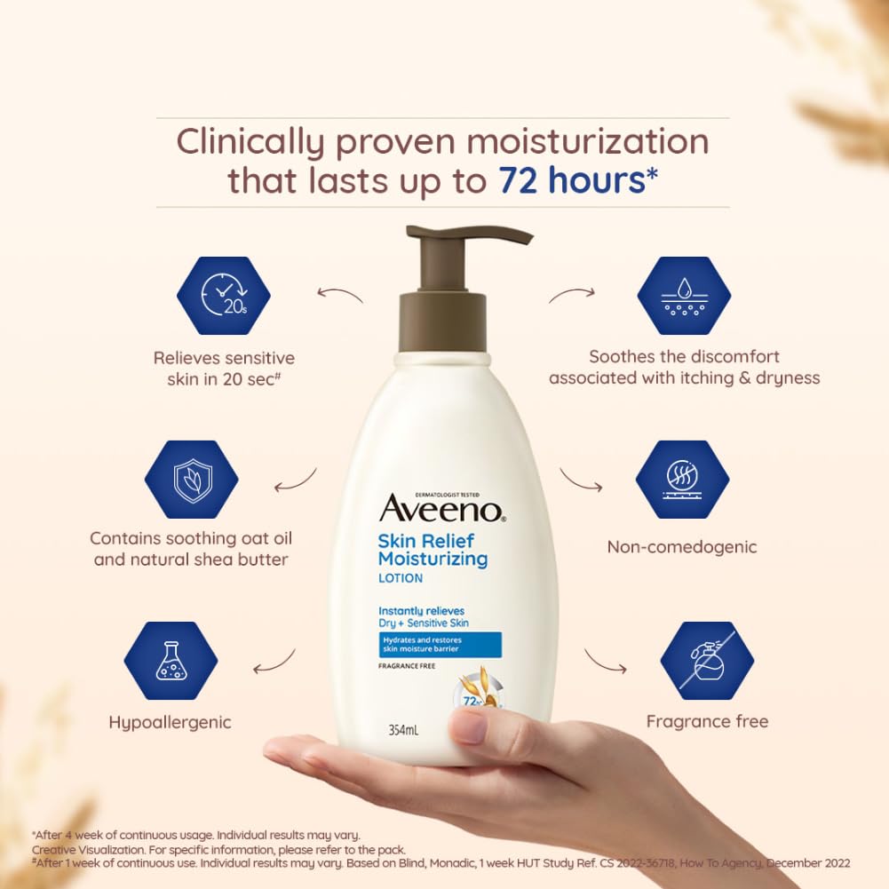 Aveeno Skin Relief Moisturizing Lotion 354 ml | Prebiotic Triple Oat & Shea Butter | Long lasting Hydration Upto 72 Hrs | Non Greasy Formula | For Dry & Sensitive Skin, Pack of 1 Aveeno Skin Relief Moisturizing Lotion 354 ml | Prebiotic Triple Oat & Shea Butter | Long lasting Hydration Upto 72 Hrs | Non Greasy Formula | For Dry & Sensitive Skin, Pack of 1