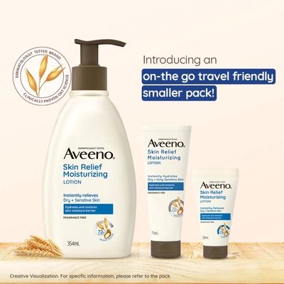 Aveeno Skin Relief Moisturizing Lotion 71 ml | Prebiotic Triple Oat &amp; Shea Butter | Long lasting Hydration Upto 72 Hrs | Non Greasy Formula | For Dry &amp; Sensitive Skin, Pack of 1