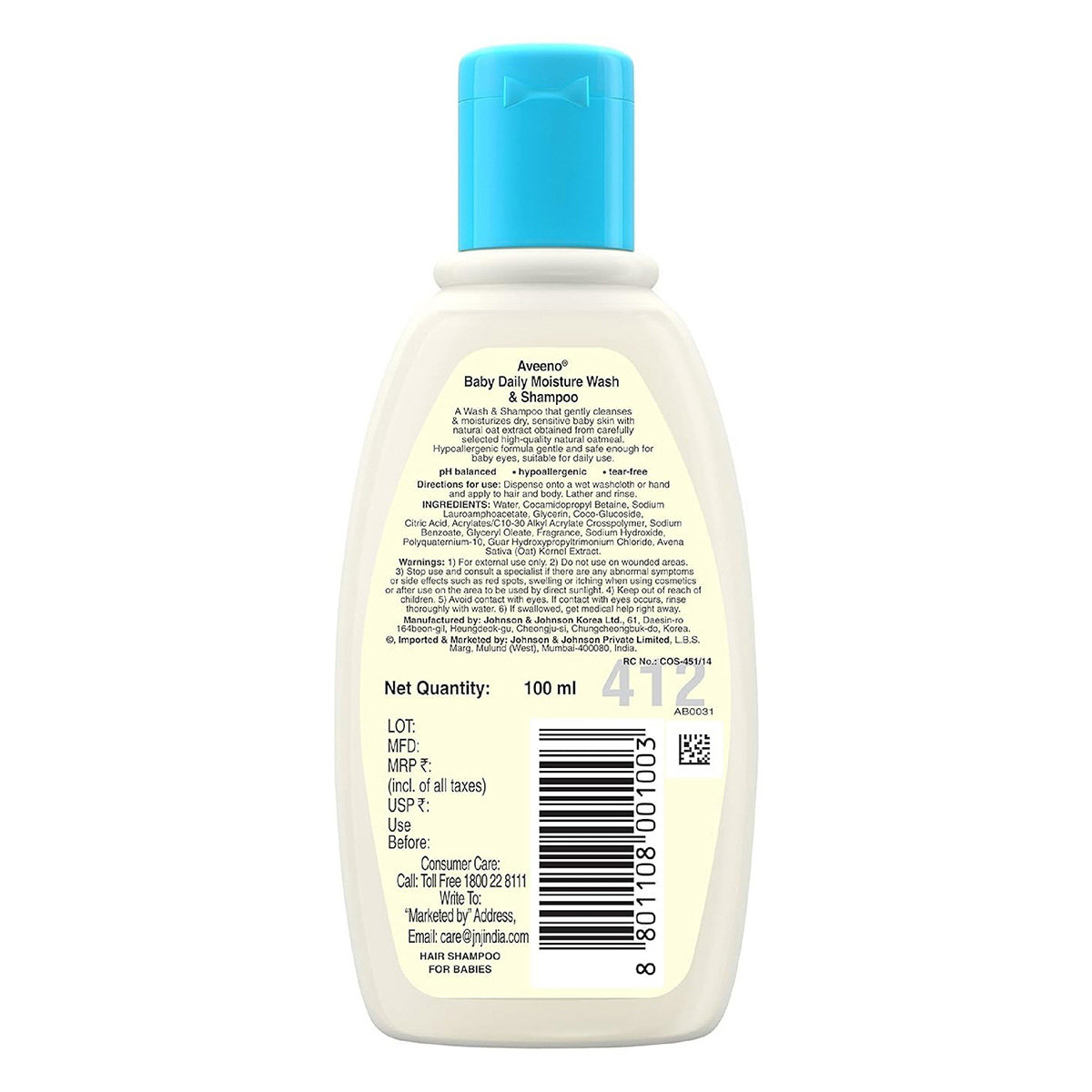 Aveeno Baby Daily Moisture Wash & Shampoo, 100 ml, Pack of 1 Aveeno Baby Daily Moisture Wash & Shampoo, 100 ml, Pack of 1