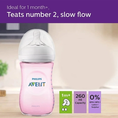 Avent Natural SCF034/10 Pink Color Bottle for 1 Month+ Baby, 260 ml, Pack of 1