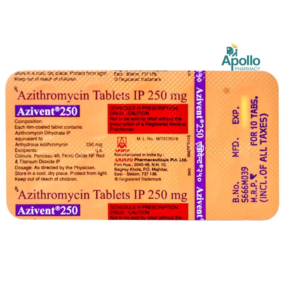 Azivent 250 mg Tablet 10's, Pack of 10 TABLETS Azivent 250 mg Tablet 10's, Pack of 10 TABLETS