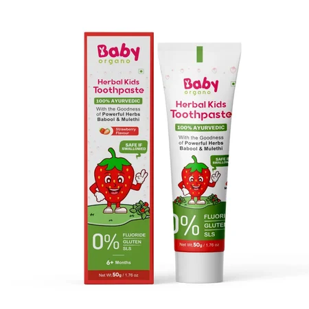 Baby Organo 100% Ayurvedic Herbal Strawberry Flavour Toothpaste for Kids, 50 gm