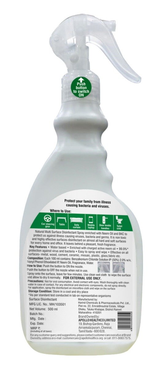 Apollo Pharmacy Natural Multi-Surface Disinfectant Spray, 500 ml, Pack of 1 Apollo Pharmacy Natural Multi-Surface Disinfectant Spray, 500 ml, Pack of 1
