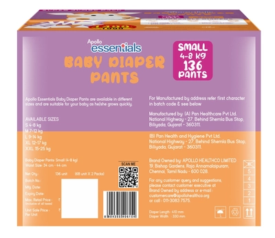 Apollo Essentials Baby Diaper Pants Small, 136 Count (2x68), Pack of 1