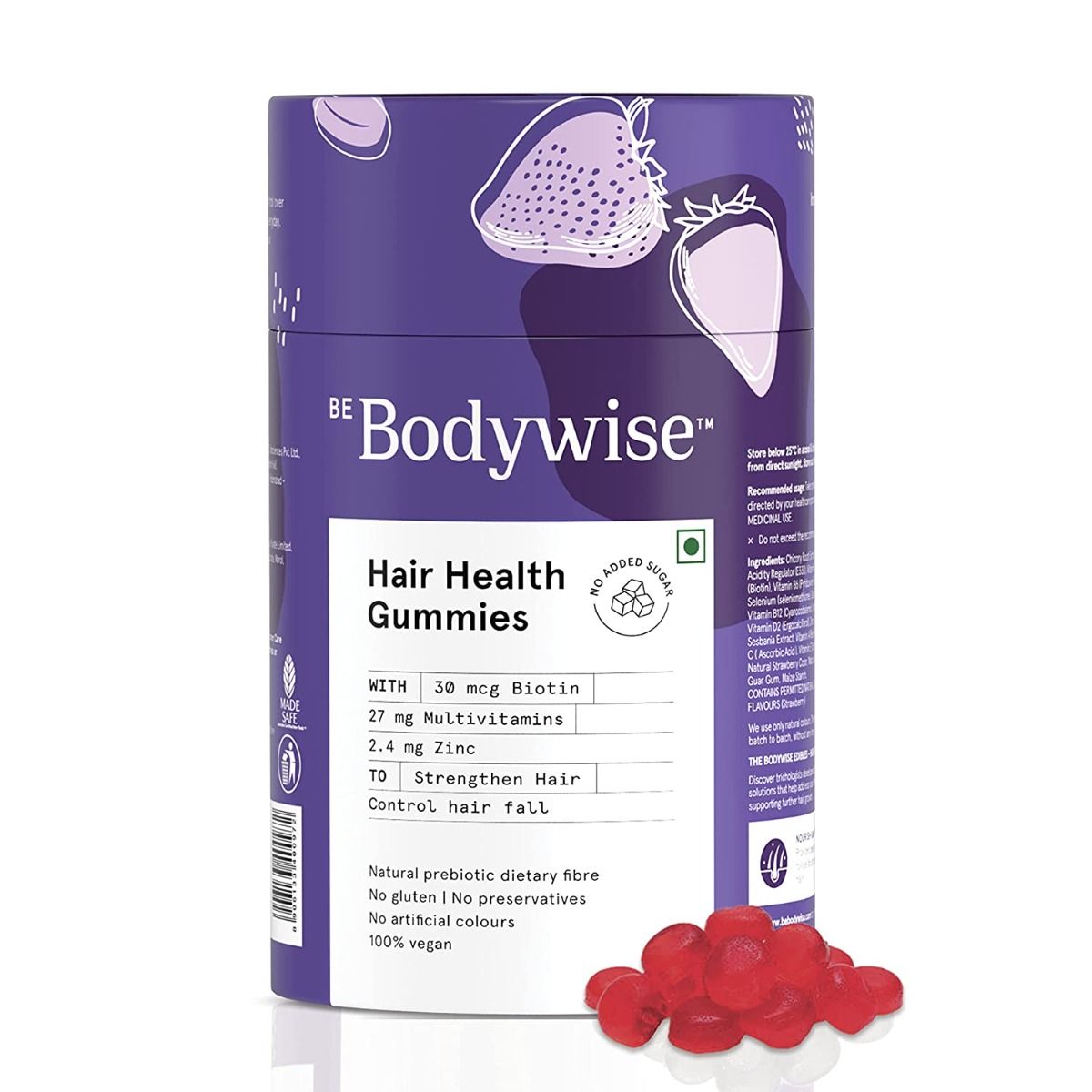 Be Bodywise Biotin Hair Gummies for Stronger Shinier Hair  Nails  60 Day  Pack  With High Potency Biotin Zinc Folic Acid  Multivitamins   Strawberry Flavored  No Added Sugar 