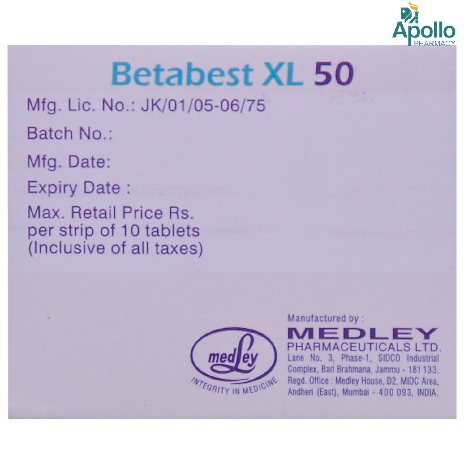 Betabest XL 50 Tablet 10's Price, Uses, Side Effects, Composition ...
